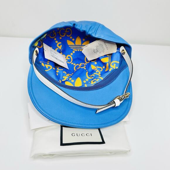 NWT Gucci x Adidas Blue Leather Logo Baseball Cap Hat L 58cm Removable Strap - Picture 8 of 12